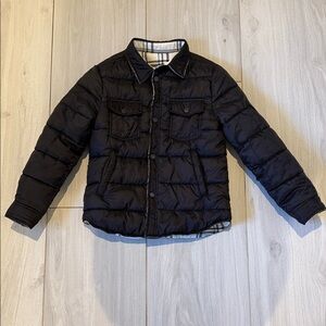 IKKS brand Kids Reversible Black Puffer Jacket, interior soft cream plaid, size